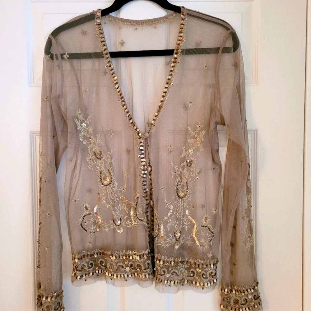 Spiegel Tan Sheer Seaded Sequined Cardigan